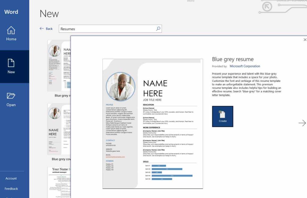 Resume Template चुनें और Create पर क्लिक करें